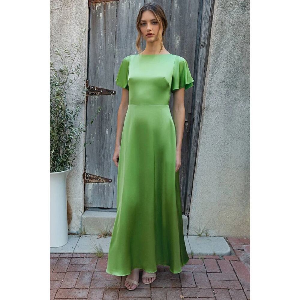 Fame & Partners 4 green satin low back maxi dress